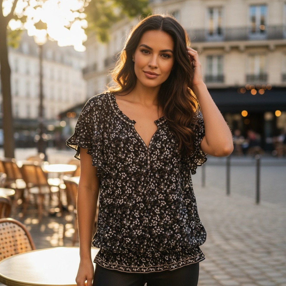 Max Studio Women's Floral Blouse Size M Black Ruffle Sleeve Boho Flowy Top